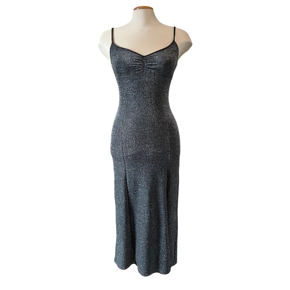 Urban Outfitters‎ Metallic Silver Glitter Midi Dress Cutout Tie Back Black Small